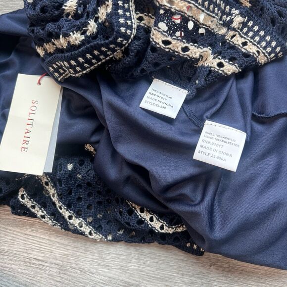 Solitaire Two Pc Open Knit Navy white stripe Crochet Skirt tank set boho NWT Med - Picture 8 of 8